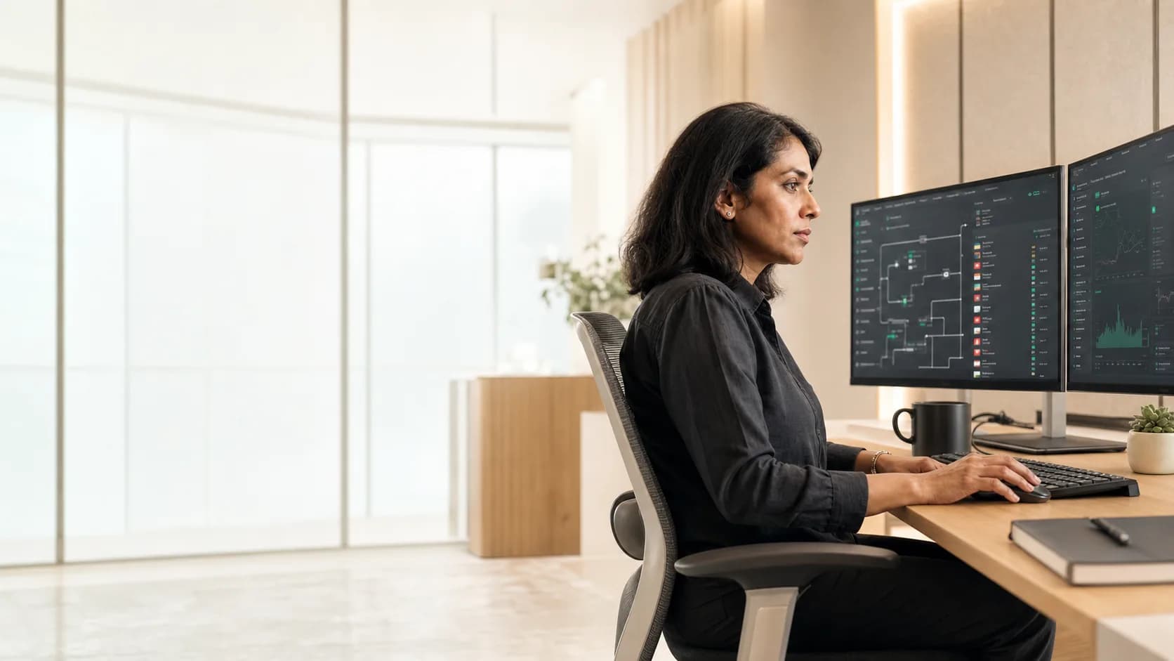 An agent operator reviewing an automated workflow at a desk