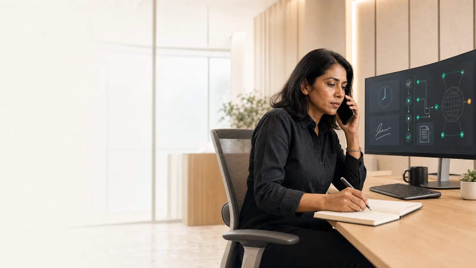 An agent operator reviewing a case while speaking on the phone