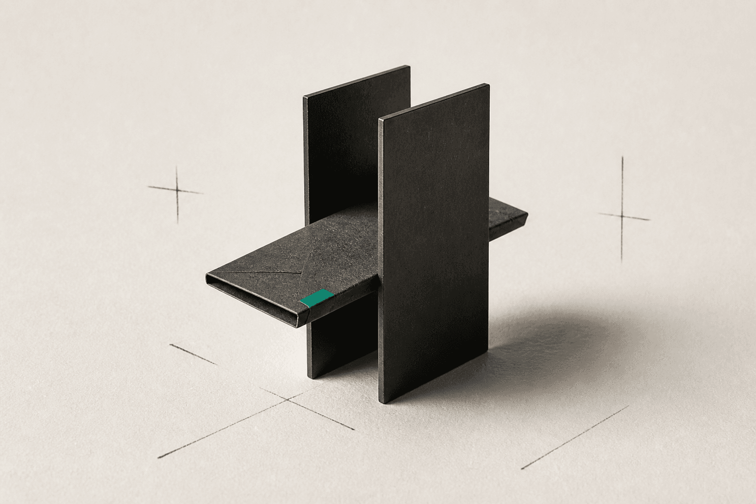 Editorial still life of a dark paper packet passing through a narrow gate