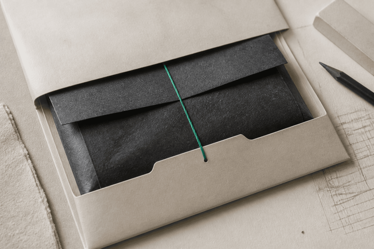 Editorial still life of a checkout packet filed into an order sleeve