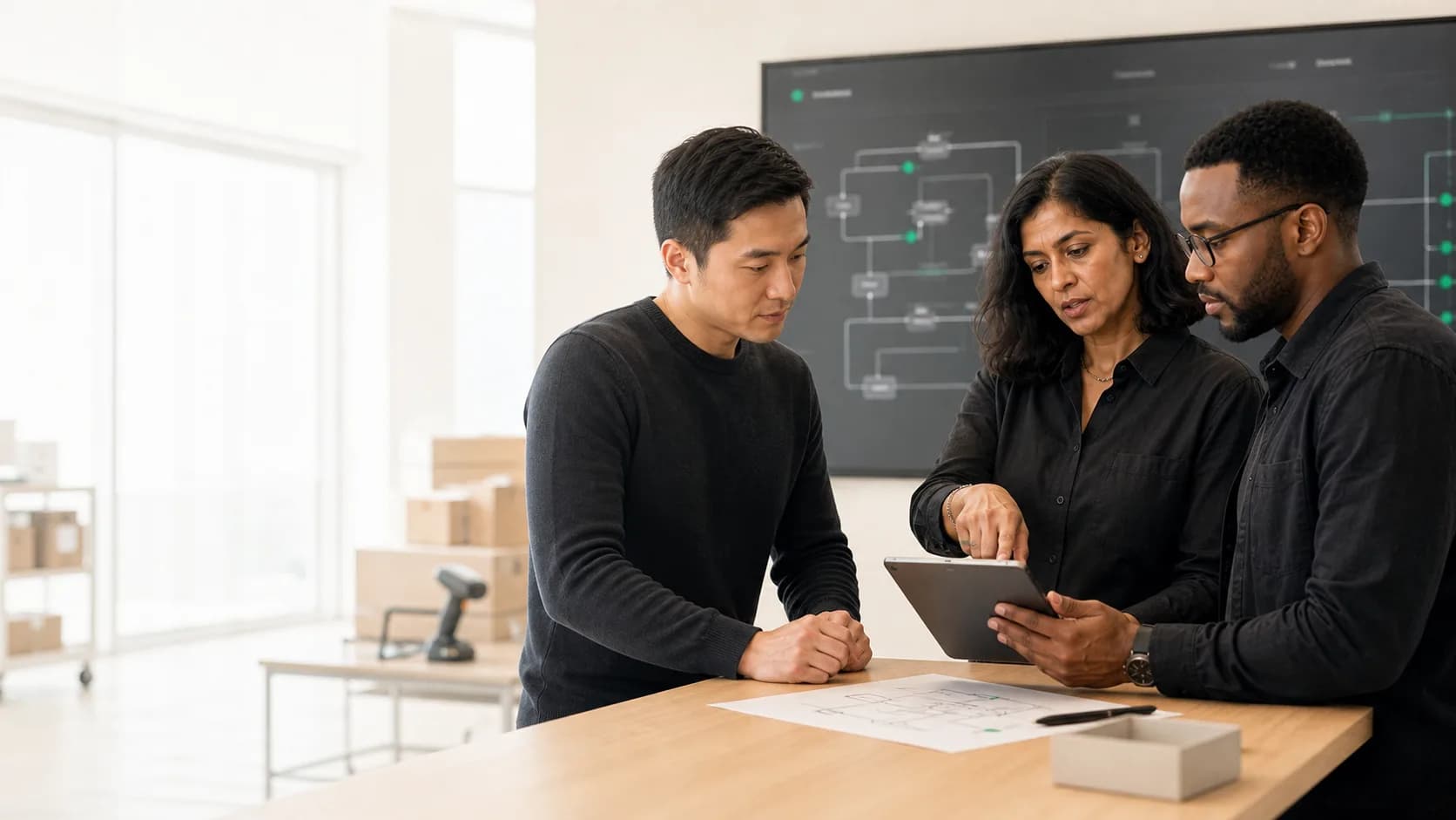 Three operations team members reviewing an agent workflow together