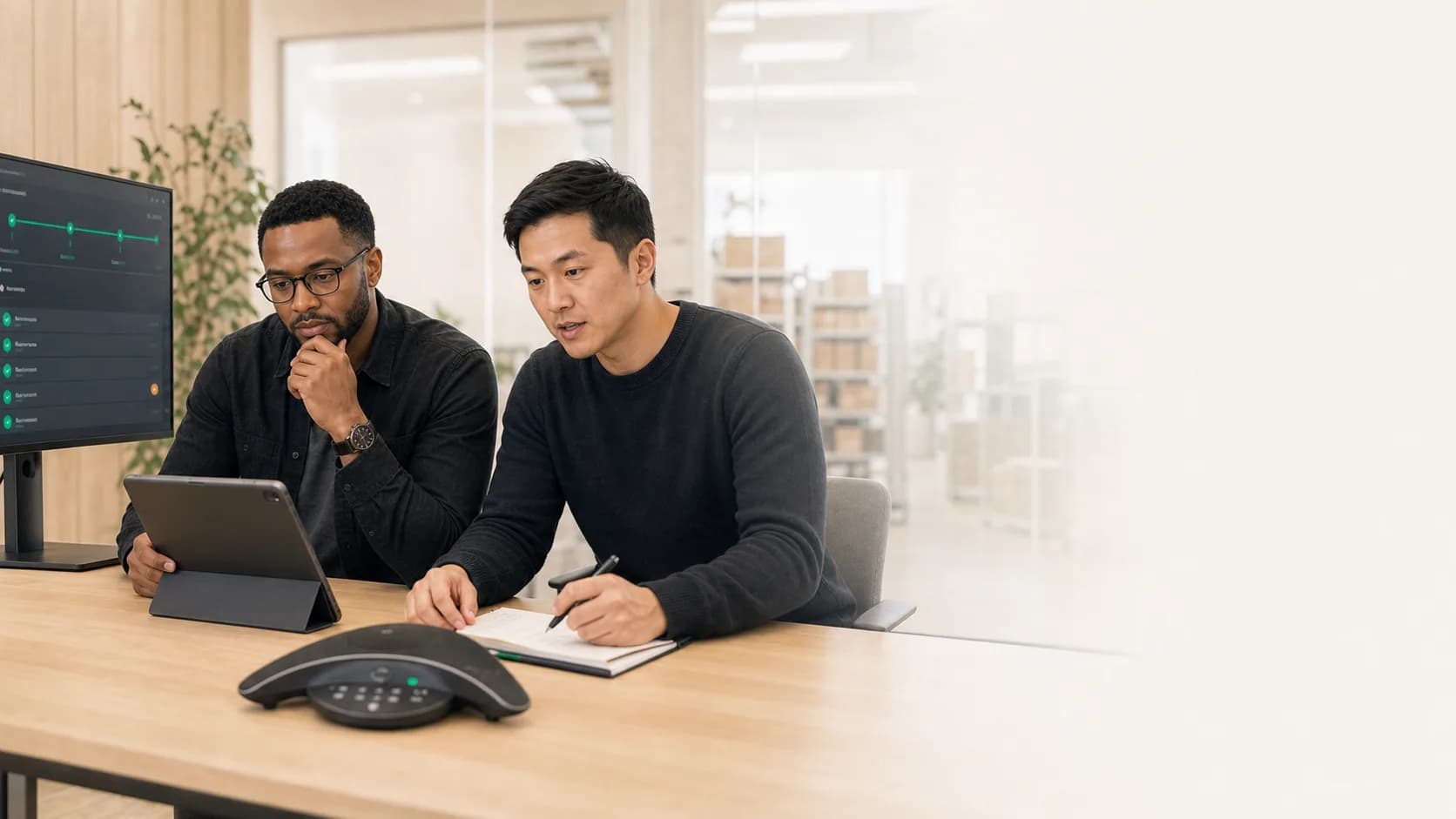 Two team members reviewing an agent rollout plan at a desk