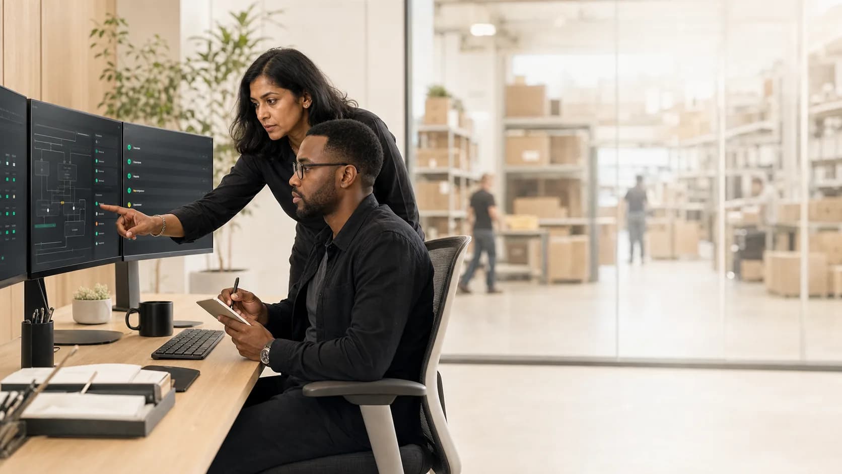 Two colleagues at a desk reviewing an order record on a monitor