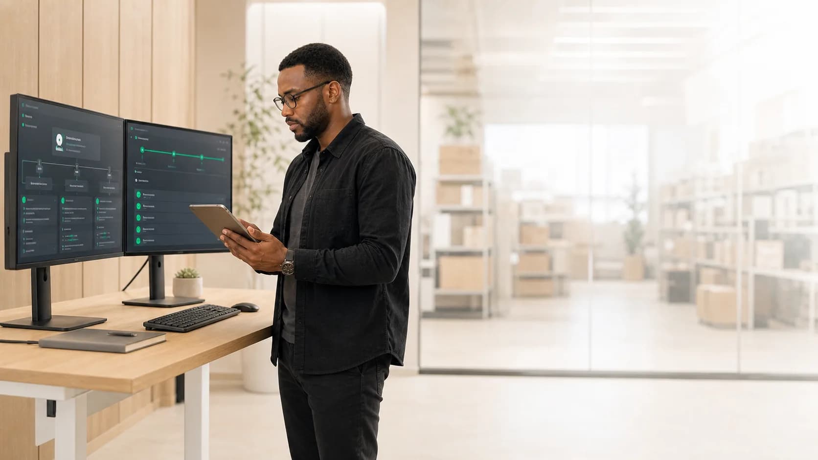 An agent operator checking a workflow on a tablet beside two monitors