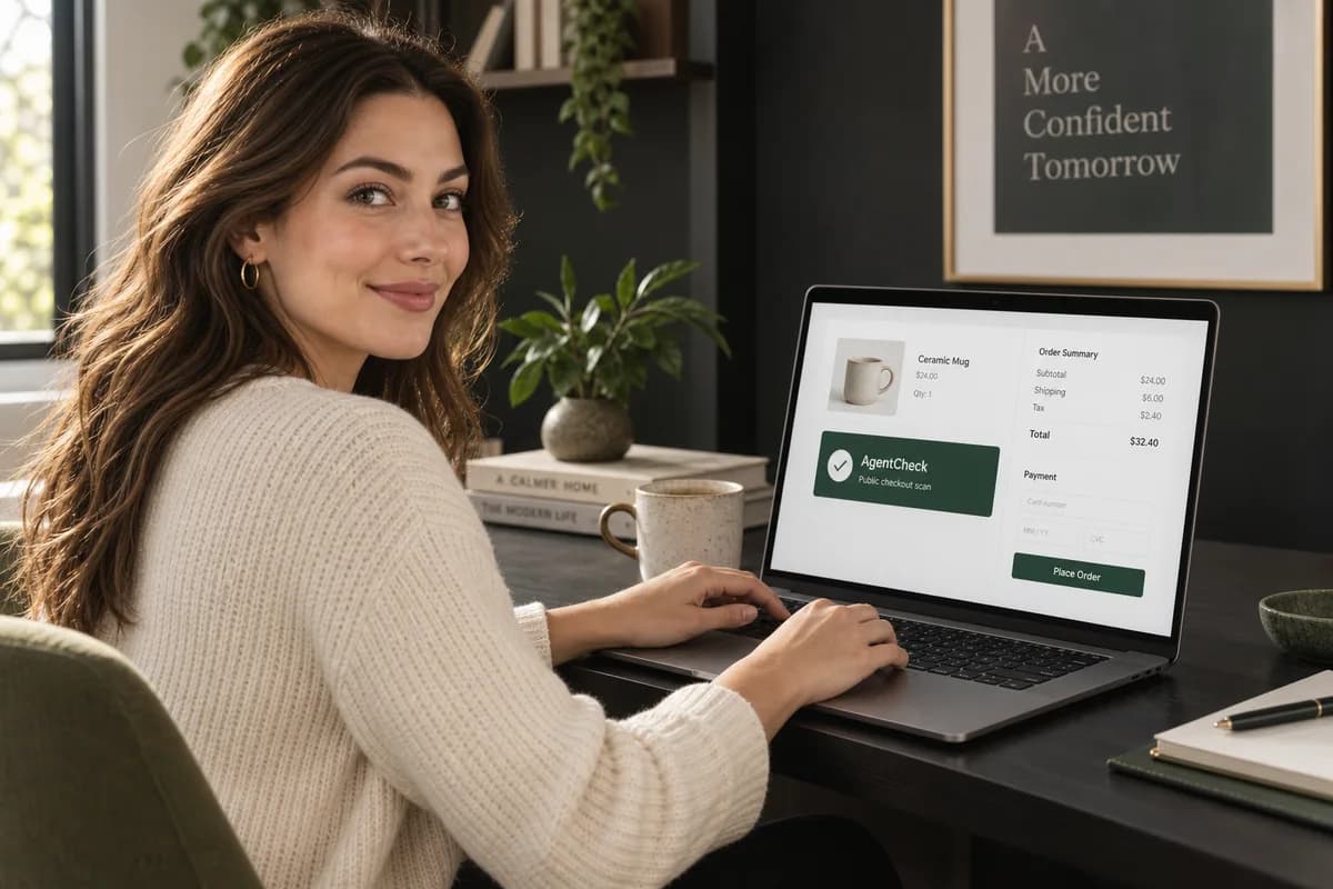Shopper at a laptop checkout with an illustrated AgentCheck scan panel.