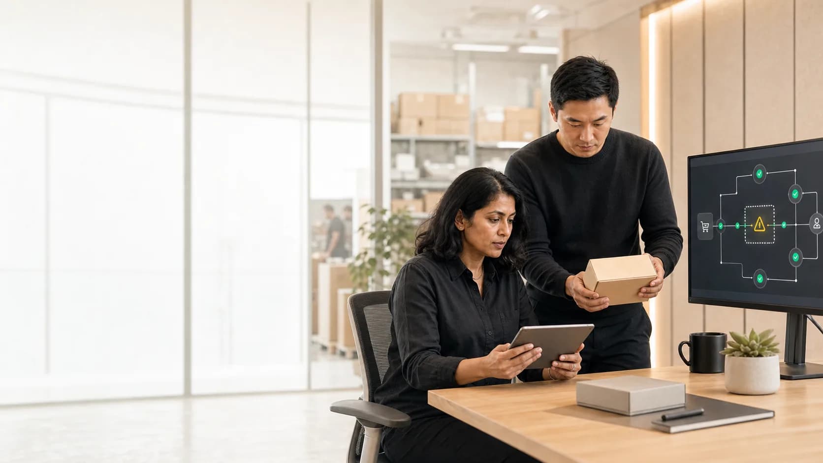 Two merchant operations team members reviewing a package and checkout workflow